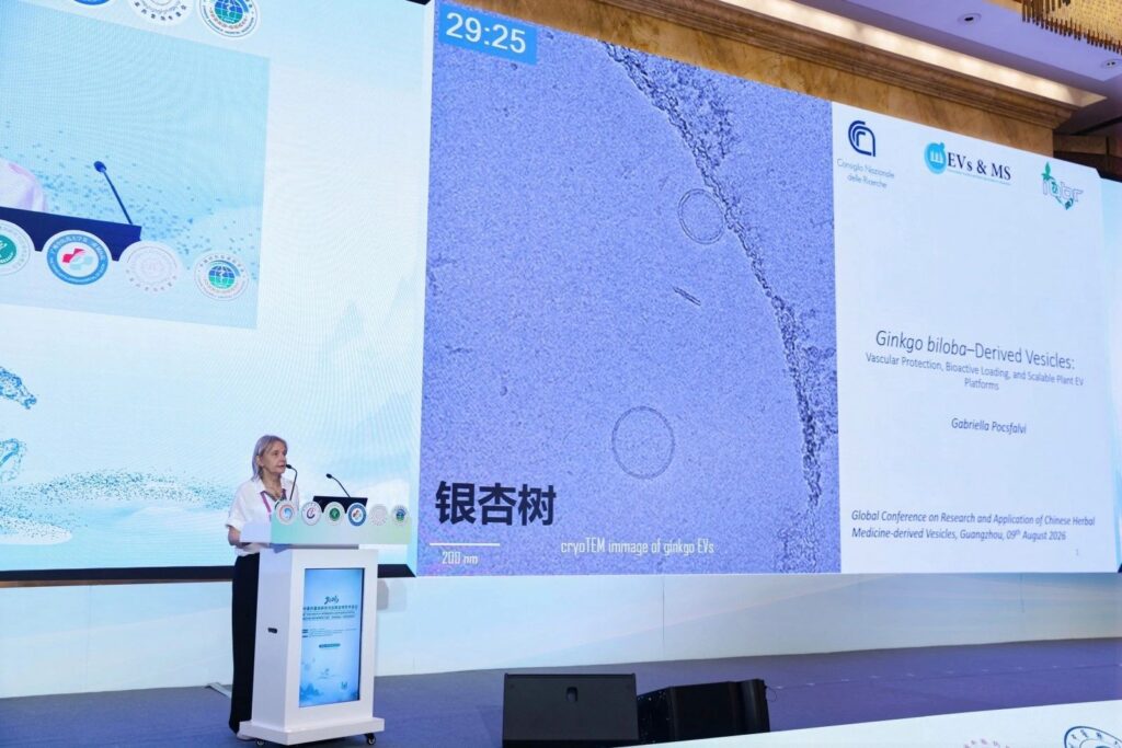 Gabriella Pocsfalvi presenting plant-derived extracellular vesicle research at the Guangzhou conference in 2026